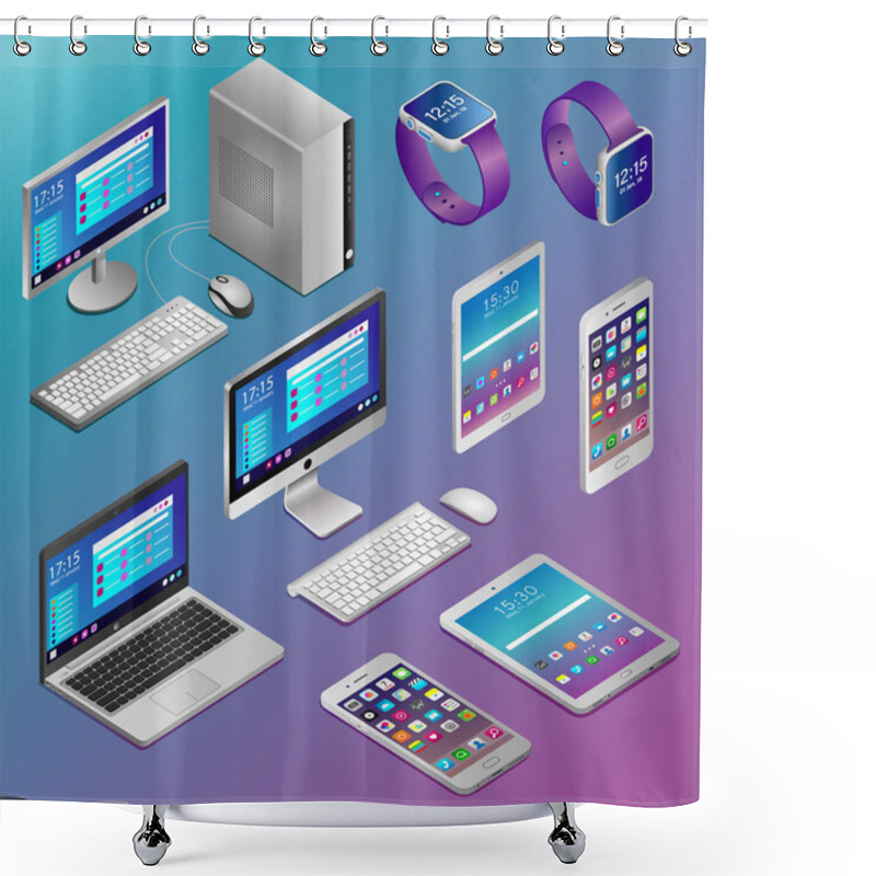 Personality  Realistic Digital Devices In Isometry. Computers And Various Digital Gadgets On Blue Background. Shower Curtains