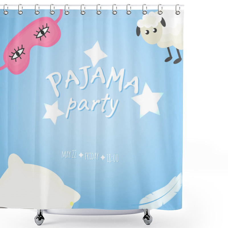 Personality  Vector Illustration With Sleeping Mask, Sheep, Feather, Pillow And Inscription Pajama Party In Soft Colors.  Shower Curtains