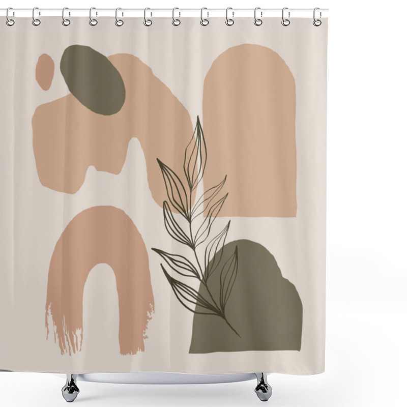 Personality  Abstract Composition With Overlapping Organic Shapes In Beige, Peach, And Olive Green Tones, Featuring A Single Delicate Leaf As The Focal Point. Shower Curtains