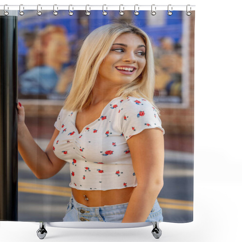 Personality  A Beautiful Young Woman Strolls Through Her Quaint Small Town, Basking In The Warmth Of Spring. Surrounded By Blooming Flowers And Fresh Air, She Radiates Joy, Enjoying The Peaceful Solitude. Shower Curtains