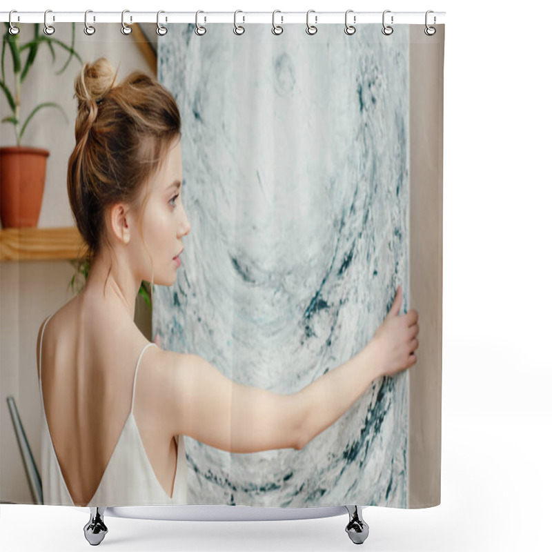 Personality  Beautiful Tender Young Artist Holding Picture And Looking Away Shower Curtains