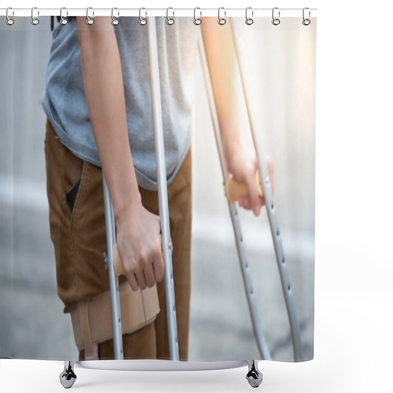 Personality  Disabled Woman With Crutches Or Walking Stick Or Knee Support St Shower Curtains