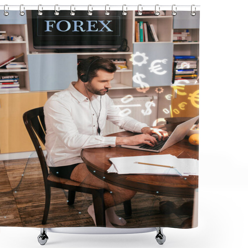 Personality  Selective Focus Of Freelancer In Shirt And Panties Using Headset And Laptop Near Papers On Table At Home, Forex Illustration Shower Curtains