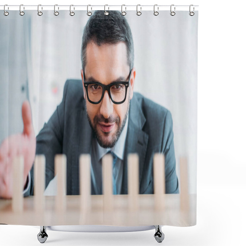 Personality  Close-up Shot Of Businessman Assembling Wooden Blocks In Row On Worktable, Dominoes Effect Concept Shower Curtains