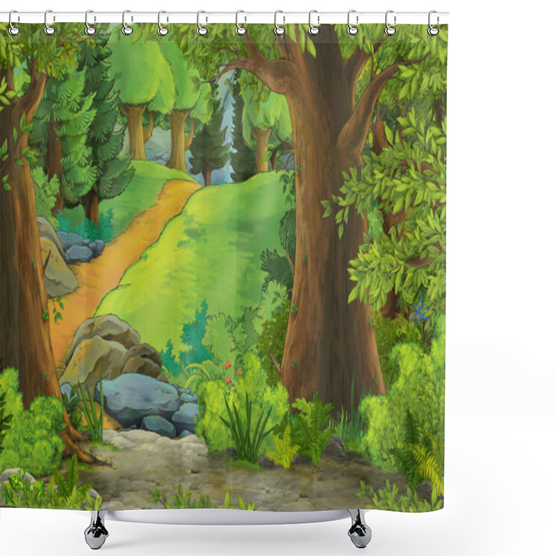 Personality  Cartoon Scene With Mountains And Valley With Farm House Hidden In The Forest Illustration For Children Shower Curtains