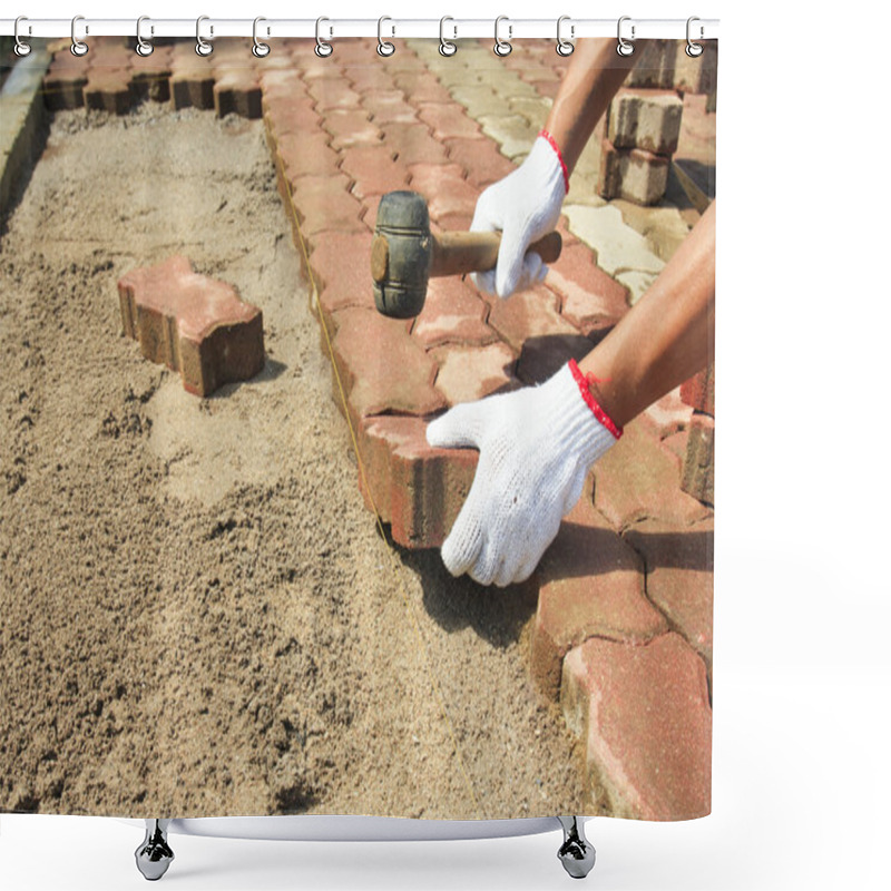 Personality  Worker Laying Red Concrete Paving Blocks. Shower Curtains