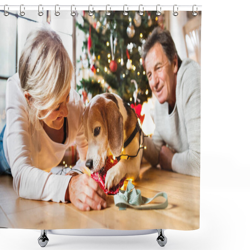 Personality  Senior Couple With Dog In Front Of Christmas Tree. Shower Curtains