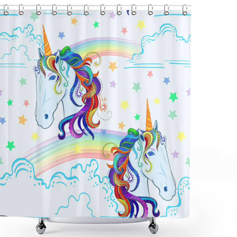 Personality  Seamless Pattern With Unicorn, Rainbow, Clouds And Stars. Vector.  Shower Curtains