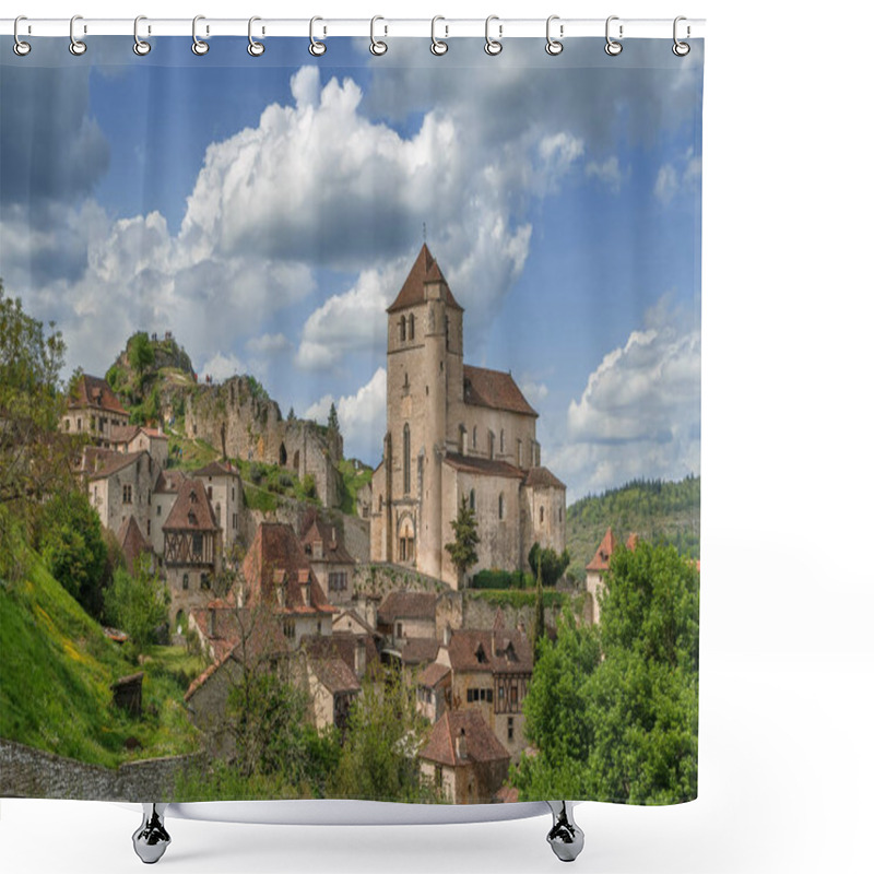 Personality  View Of Saint-Cirq-Lapopie Village With Catholic Church, France Shower Curtains