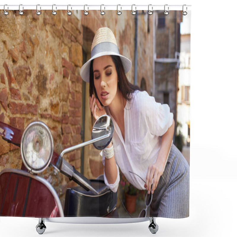 Personality  Young Beautiful Italian Woman Sitting On A Italian Scooter.  Shower Curtains