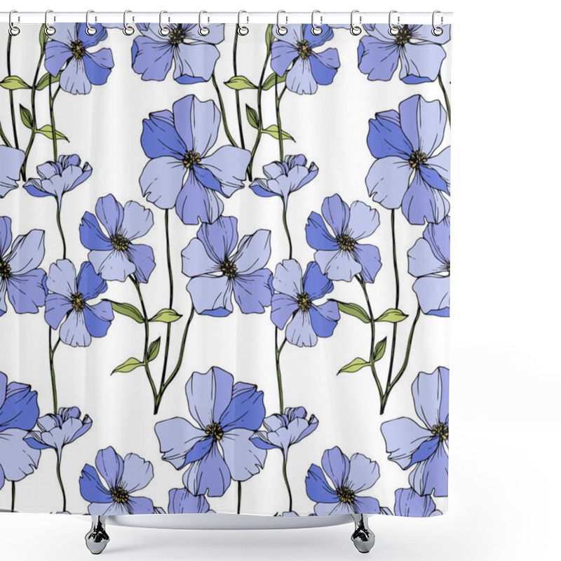 Personality  Vector Blue Flax. Wildflowers Isolated On White. Engraved Ink Art. Seamless Background Pattern. Wallpaper Print Texture. Shower Curtains