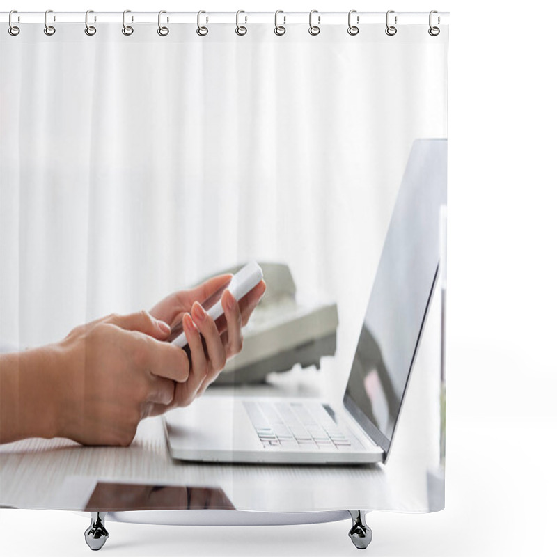 Personality  Cropped View Of Businesswoman Using Smartphone Near Digital Tablet And Laptop On Table Shower Curtains