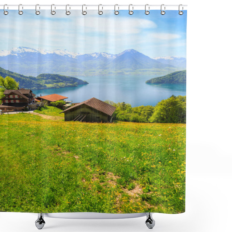 Personality  Beautiful Nature View And Houses On Mountain Slope With Luzern Lake And Mountains In Background, View From Rigi Bahn Cogwheel Train On The Way To Rigi Kulm In Switzerland Shower Curtains