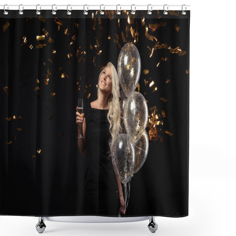 Personality  Brightfull Expressions Of Happy Emotions Of Amazing Blonde Girl Celebrating Party On Black Background. Luxury Black Dresses, Smiling, A Glass Of Champagne, Golden Tinsels, Balloons, Long Curly Hair Shower Curtains