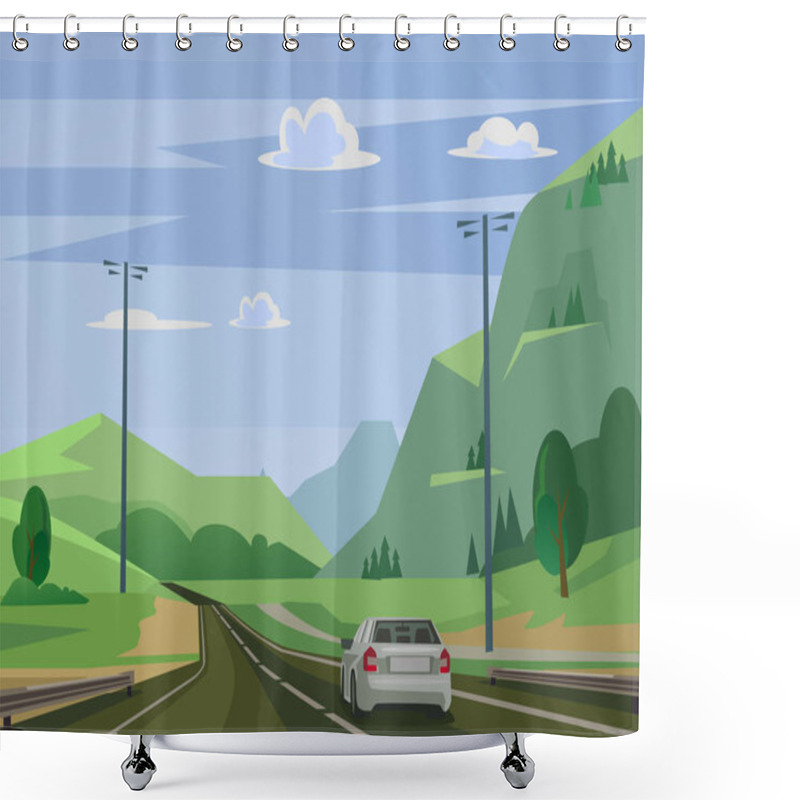 Personality  Moving Car On Road Past Forest. Vector Flat Illustration Shower Curtains