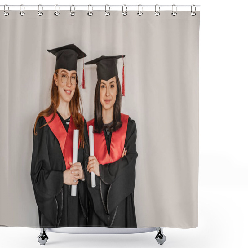 Personality  Pretty Students In Graduation Gowns And Caps Holding Paper Rolls Diploma, Senior 2021 Shower Curtains