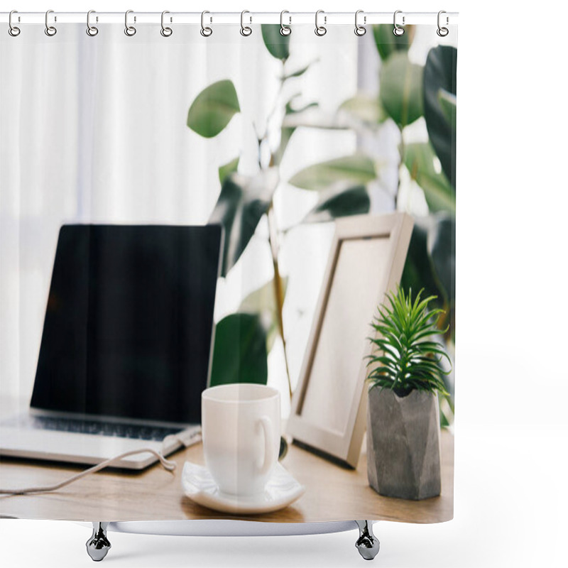 Personality  Closeup View Of Coffee Cup, Laptop, Potted Plants And Photo Frame On Table  Shower Curtains