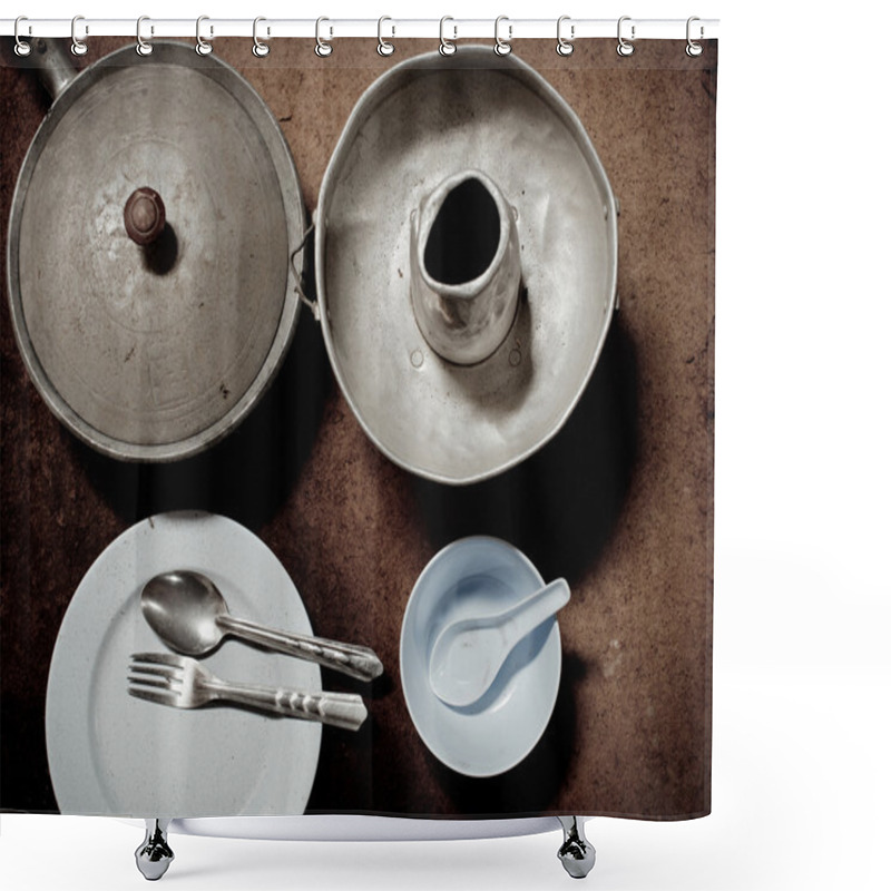 Personality  Old And Dirty Aluminum Ware With Grunge Background. Shower Curtains