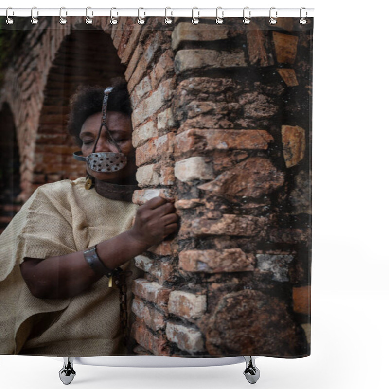 Personality  Black Woman Chained And With An Iron Mask On Her Mouth, Representing The Slave Anastacia On The Brick Walls Of Pelourinho. Slavery In Brazil. Suffering And Pain. Shower Curtains