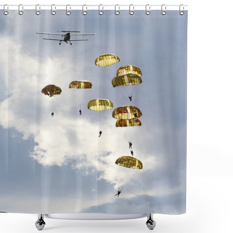 Personality  Silhouettes Of The Army Skydiver Team Against Dramatic Sky. Shower Curtains