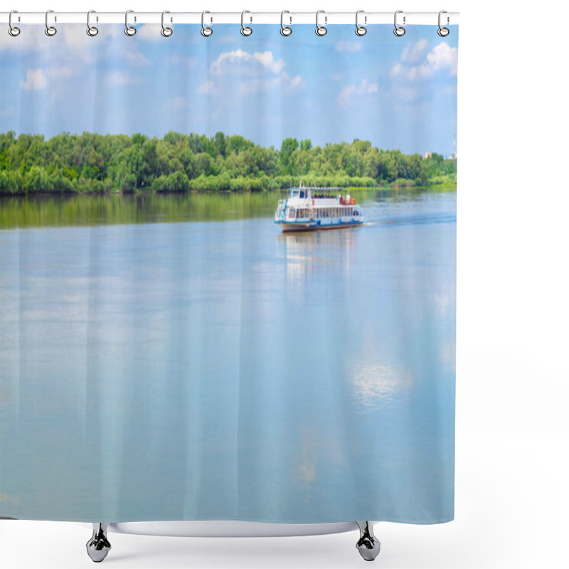 Personality  A White Tourist Ship Is Slowly Sailing Along The Irtysh River In Omsk Against The Background Of Green Trees On The Shore. Clouds Are Reflected On The Calm Surface Of The Water. Side View - Travel, Tourism, Water Recreation Shower Curtains