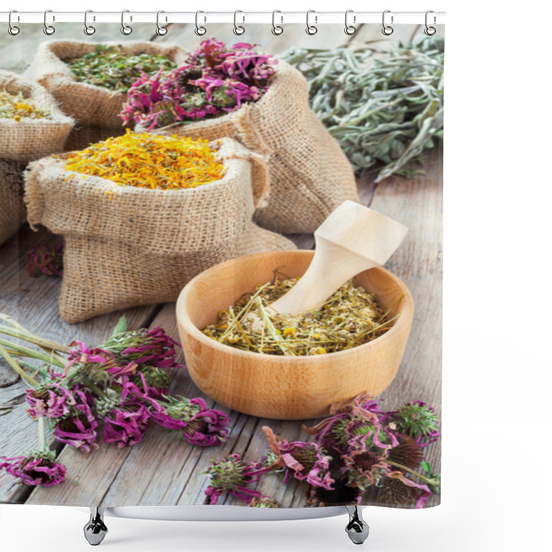 Personality  Healing Herbs In Wooden Mortar And In Hessian Bags, Herbal Medic Shower Curtains