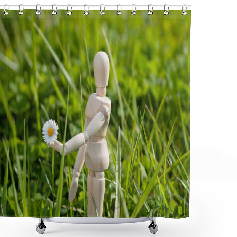 Personality  Wooden Mannequin With A Flower On His Hand On Springtime Romanticism And Love Concept Shower Curtains