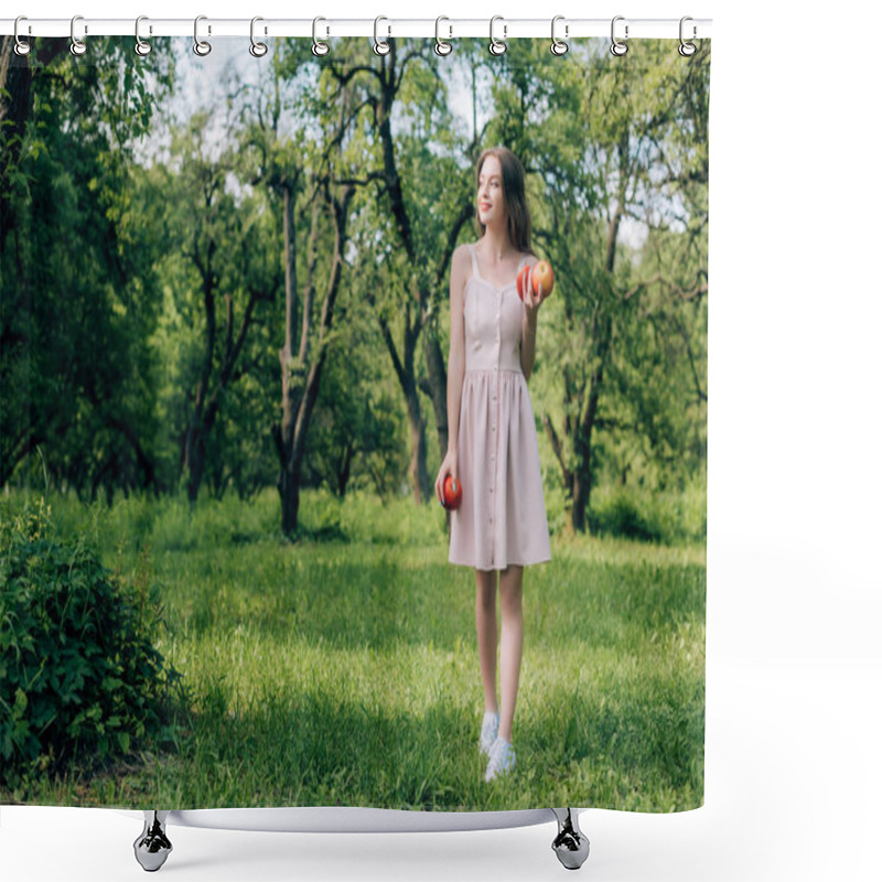 Personality  Smiling Young Woman In Dress With Ripe Apples Walking At Countryside Shower Curtains