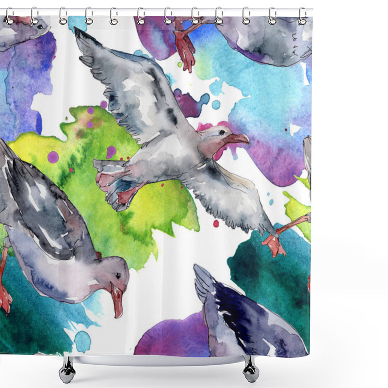 Personality  Sky Bird Seagull In A Wildlife. Wild Freedom, Bird With A Flying Wings. Watercolor Illustration Set. Watercolour Drawing Fashion Aquarelle. Seamless Background Pattern. Fabric Wallpaper Print Texture. Shower Curtains