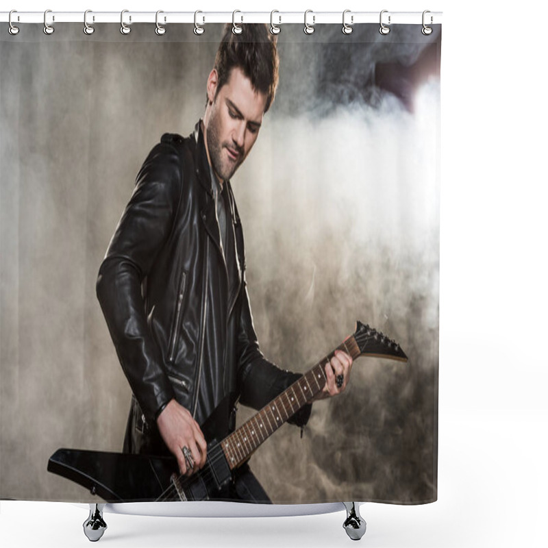 Personality  Handsome Rocker In Leather Jacket Playing Electric Guitar On Smoky Background Shower Curtains