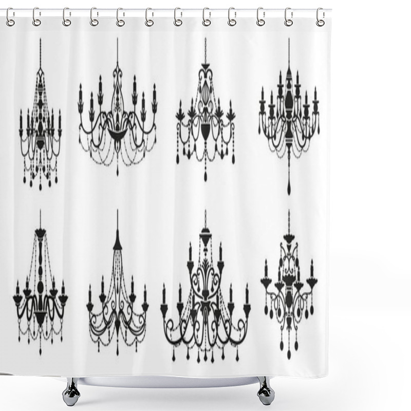 Personality  Chandelier Silhouettes, Crystal Lamp Lights Or Baroque Candelabra With Candlesticks, Vector Icons. Vintage Chandelier Lamps Or Royal Lampshades With Candles And Crystal Pendants In Black Silhouette Shower Curtains