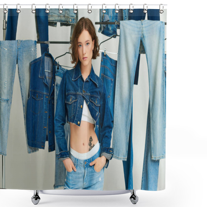 Personality  Chic Young Model In Cropped Jacket And Jeans Posing Among Trendy Denim Clothes On Grey Backdrop Shower Curtains