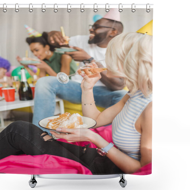 Personality  Attractive Young Woman Holding Plate With Cake And Drinking Cocktail By Her Friends Shower Curtains