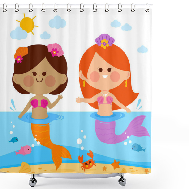 Personality  Beautiful Mermaids Swimming In The Water. Vector Illustration Shower Curtains