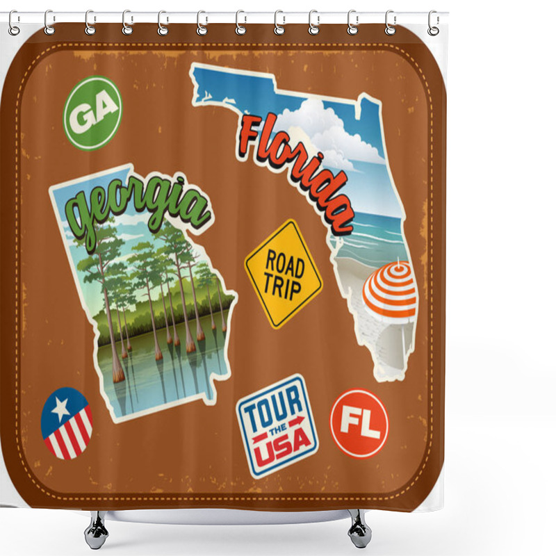 Personality  Georgia, Florida, Travel Stickers With Scenic Attractions And Retro Text On Vintage Suitcase Background Shower Curtains