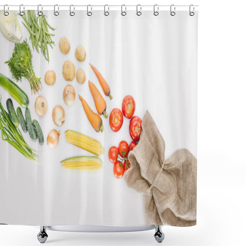 Personality  Top View Of Fresh Raw Vegetables And Sackcloth Arranged Isolated On Whit Shower Curtains