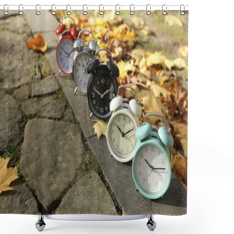 Personality  Alarm Clocks On Paved Pathway In Park At Autumn, Space For Text Shower Curtains