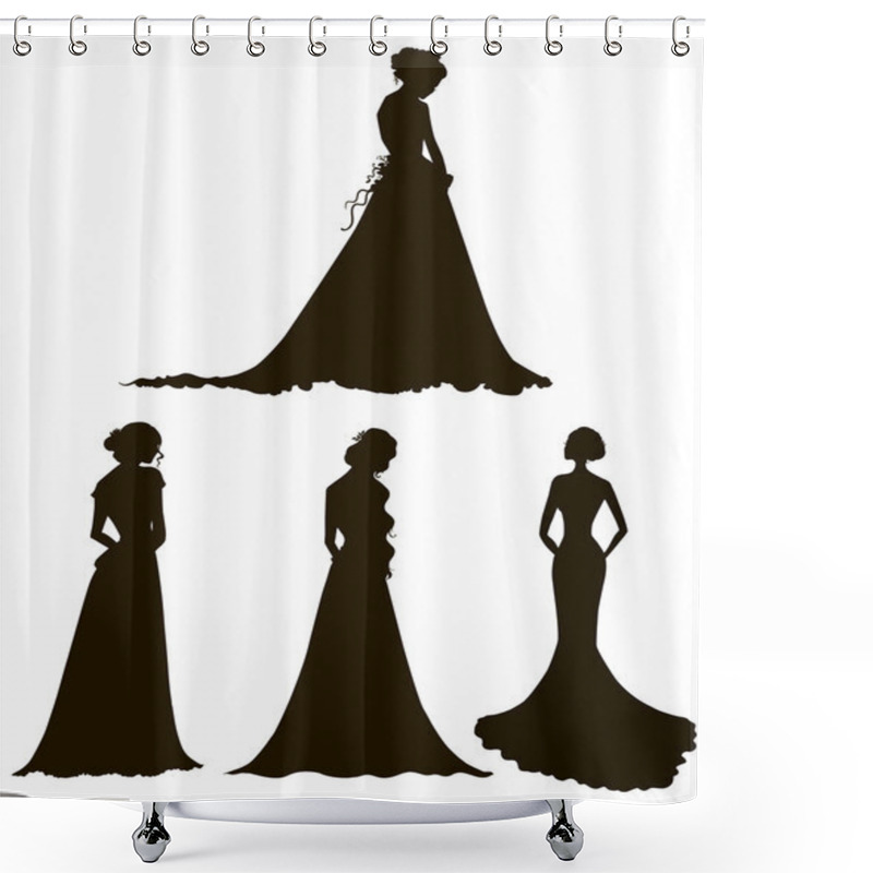 Personality  Young Women In Long Dresses Silhouettes. Brides. Outline. Vector Illustration. Shower Curtains