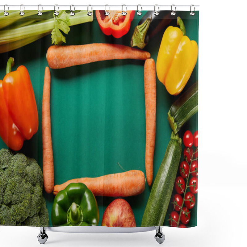 Personality  Frame Of Green Fresh Vegetables And Carrots On Green Background Shower Curtains