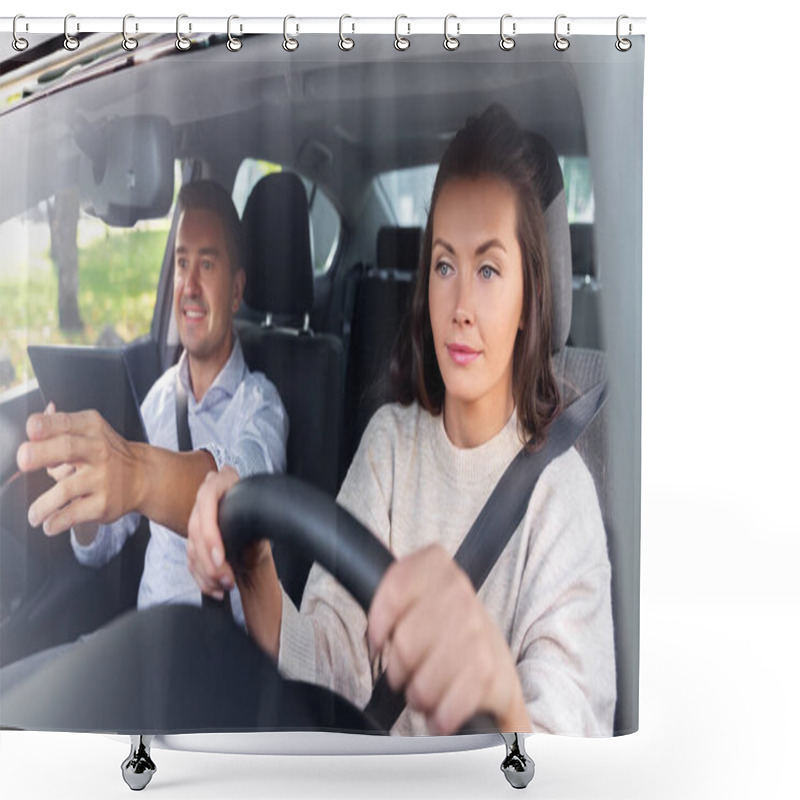 Personality  Woman And Driving School Instructor In Car Shower Curtains