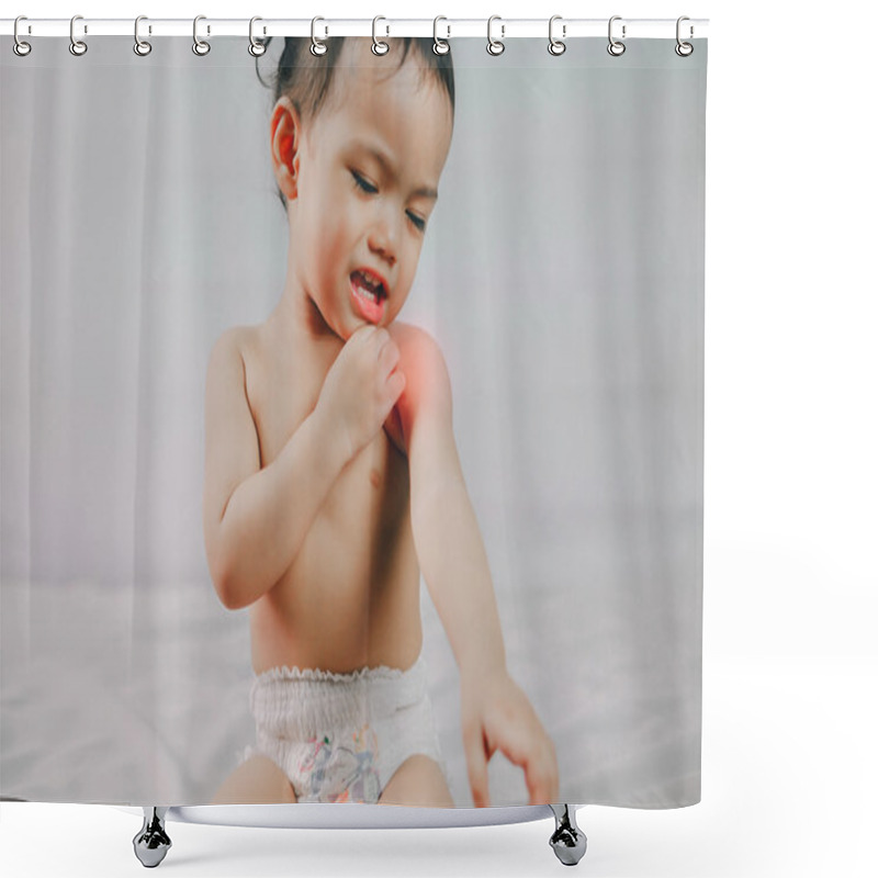 Personality  Health Problem. Asian Little Girl Scratching Her Itchy Shoulder Shower Curtains