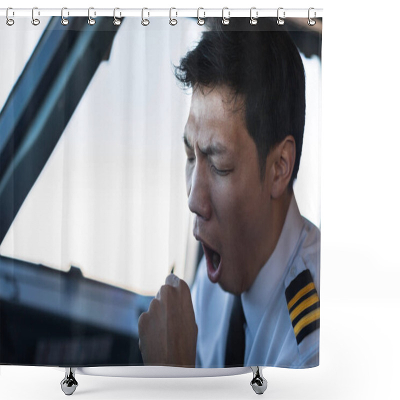 Personality  Exhausted Male Pilot In The Cockpit Airplane, Flying. Shower Curtains