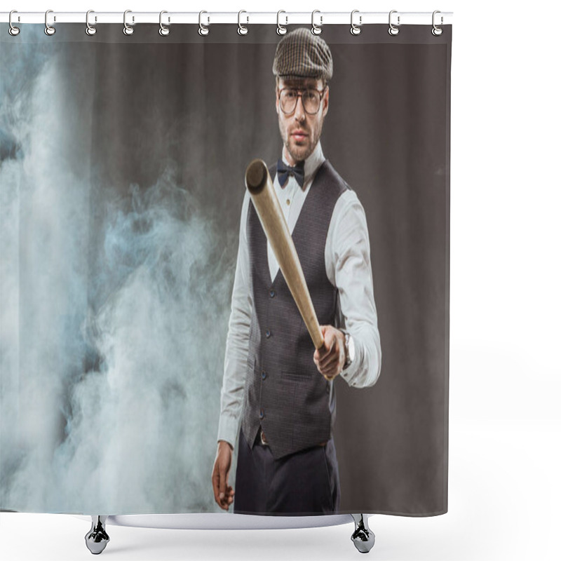 Personality  Serious Man In Bow Tie And Cap Holding Baseball Bat While Standing In Smoke  Shower Curtains