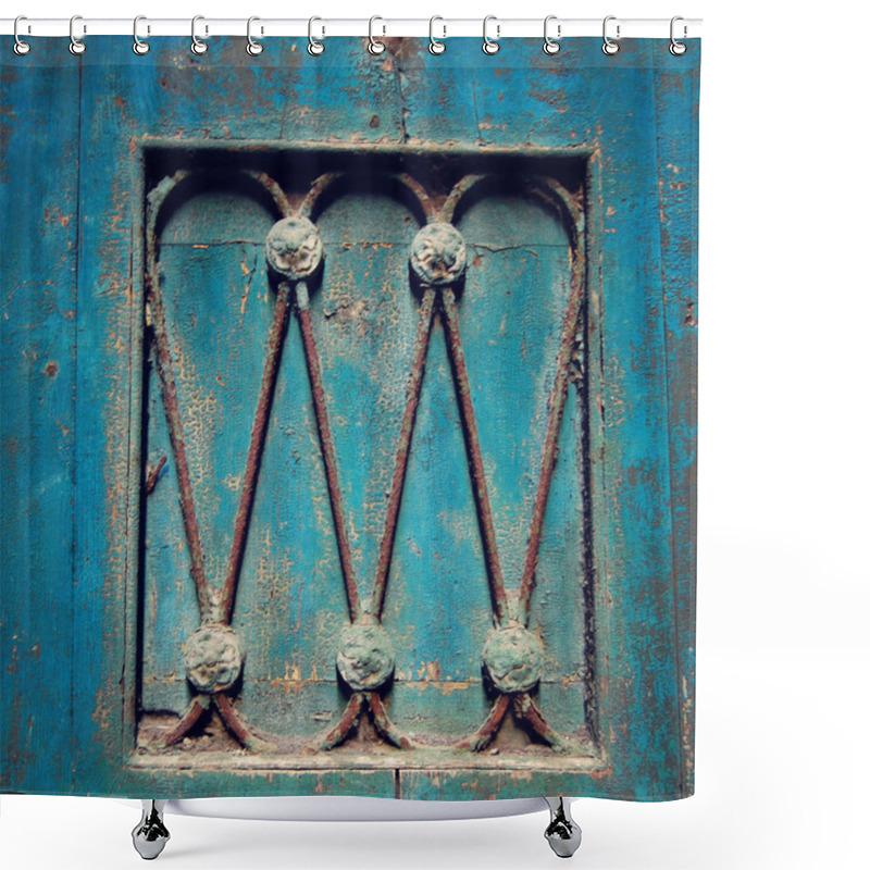 Personality  Wooden Door Painted Blue With Metal Elements.  Shower Curtains