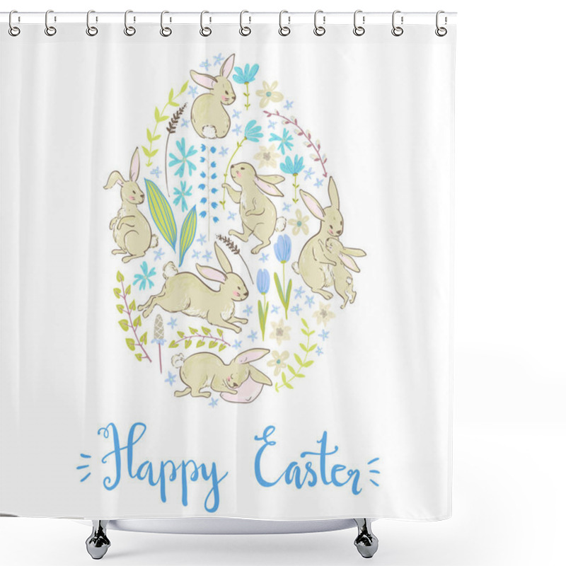 Personality  Greeting Card With Cartoon Bunnies And Flowers With Branches In Form Of Egg With Text Happy Easter , Vector, Illustration Shower Curtains