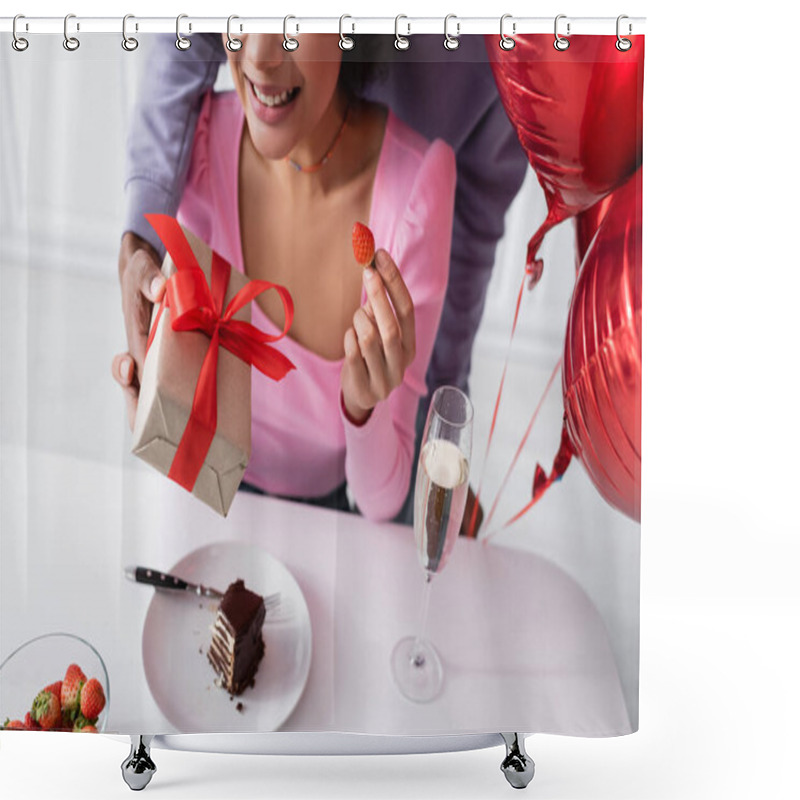 Personality  Cropped View Of African American Woman Holding Strawberry Near Boyfriend With Balloons And Gift At Home  Shower Curtains