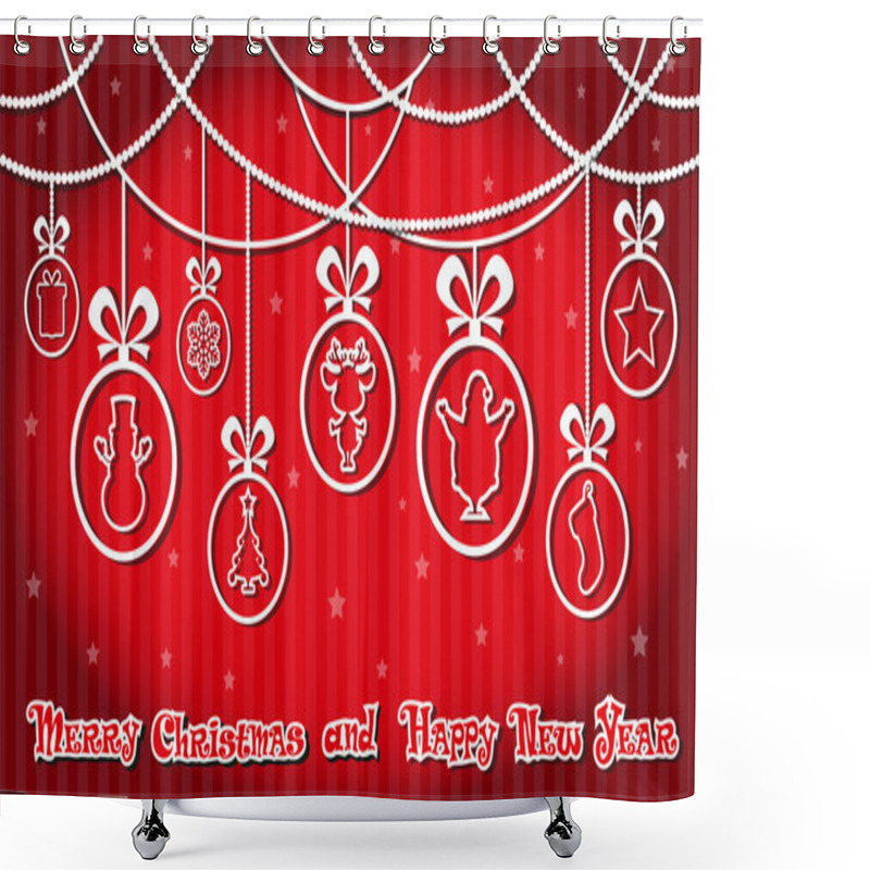 Personality  Vector Banner Christmas Balls With Silhouette Santa Claus, Snowman, Christmas Tree, Gift Sock, Snowflakes, Deer, Star, Present Box And Hand Drawn Text Merry Christmas And Happy New Year Shower Curtains