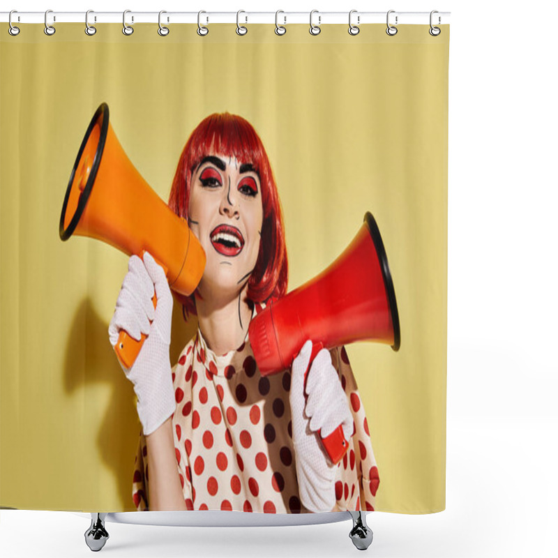 Personality  A Woman With Red Hair And Pop Art Makeup Holds A Red And Orange Megaphone, Exuding Confidence On A Yellow Background. Shower Curtains