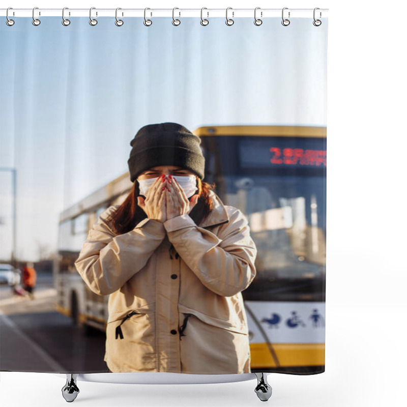 Personality  Young Woman Sneezes On A Bus Station And Covers Her Face With Hands. Girl Wears A White Medical Mask Standing Near A Bus At A Public Transport Station. Coronavirus Illness Concept. Pandemia, Epidemia Shower Curtains