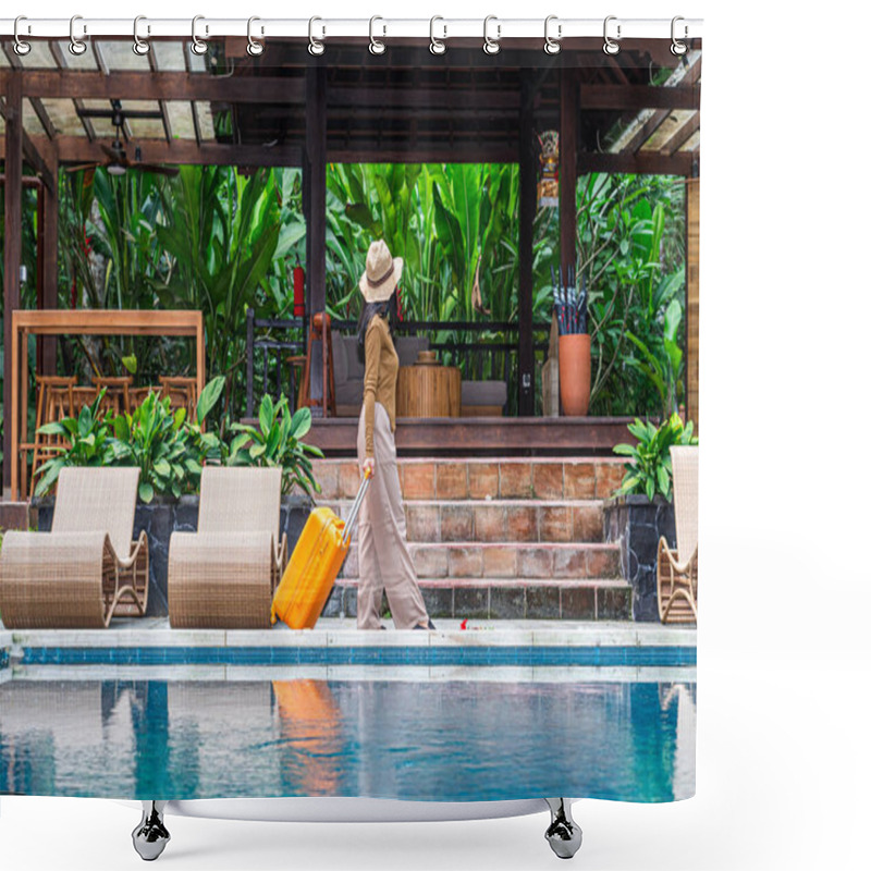 Personality  A Woman Walking By A Poolside With An Orange Suitcase, Wearing A Hat And Stylish Outfit. The Background Features Lush Greenery And A Wooden Structure, Creating A Tropical Vacation Vibe. Shower Curtains